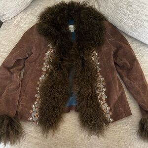 Vintage Wilsons Leather Brown Suede Jacket with Faux Fur Trim Embroidered